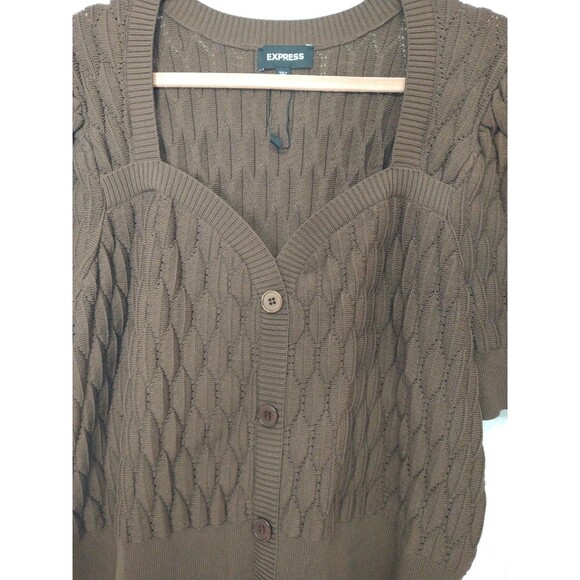 NWOT Express Sz XL Chocolate Brown Short Sleeve Button Up Sweater Puffy Quilted - Picture 3 of 10